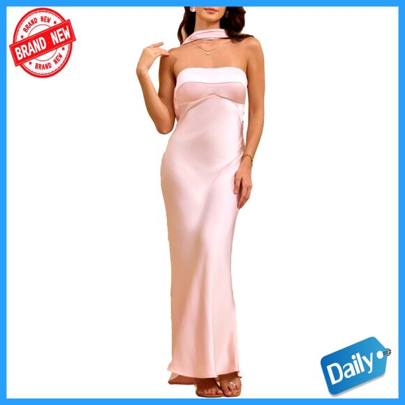 Satin Strapless Maxi Dress Elegant Backless Halter Formal Party Wedding Guest